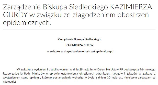 Zarządzenie Biskupa Siedleckiego KAZIMIERZA GURDY w związku ze złagodzeniem obostrzeń epidemicznych